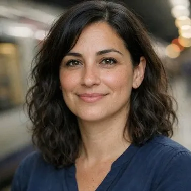 Woman mid-30s dark wavy hair olive skin soft expression