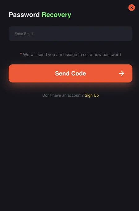 FreshBet password recovery screen with email field and send code button