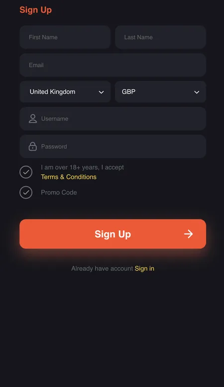 FreshBet registration screen with personal fields and sign up button